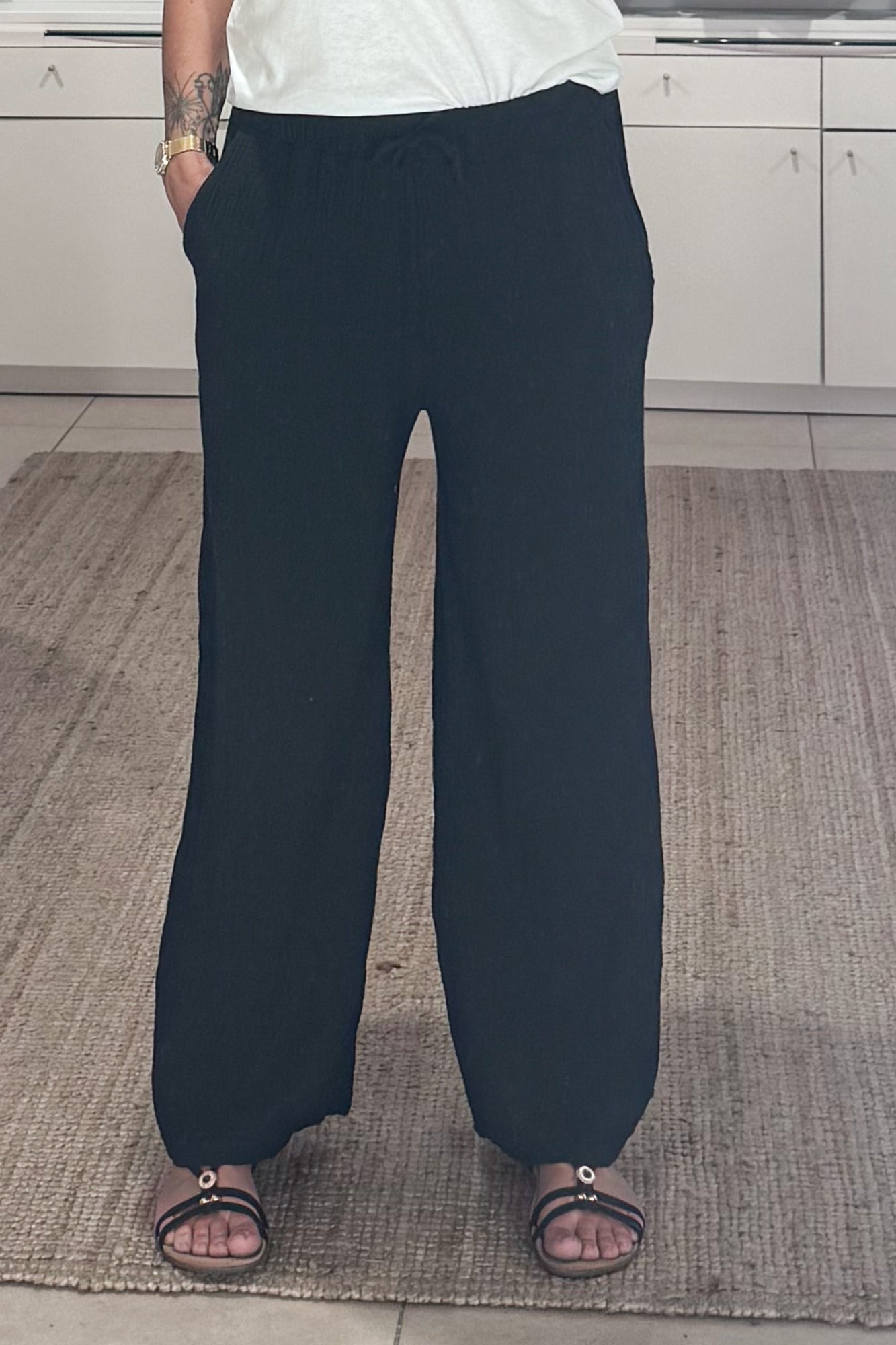 pantalon gaze de coton femme, poches, uni NOIR, look casual été
