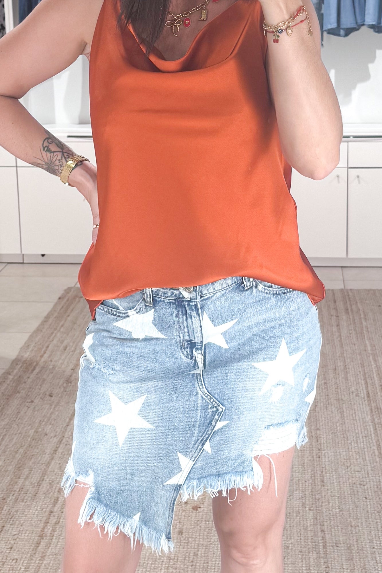jupe jean femme coupe assymétrique motif étoile tendance été SANAES