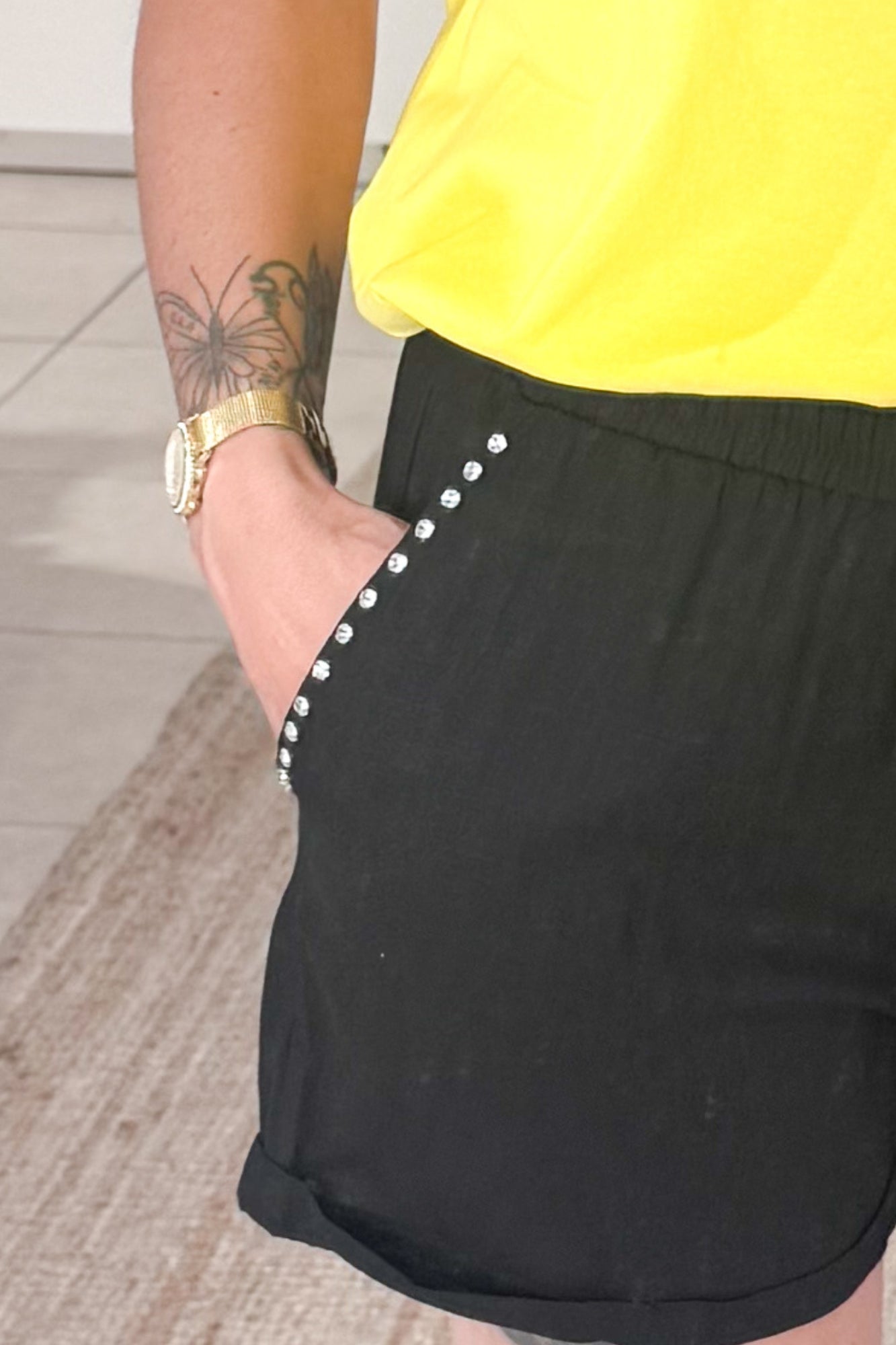 short noir taille haute strass 2 poches