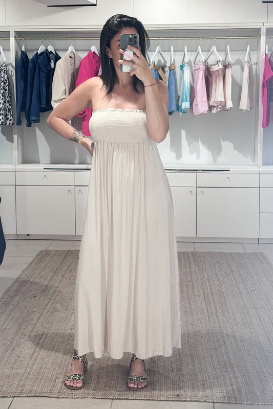 robe bustier fluide femme, uni beige look tendance été SANAES 
