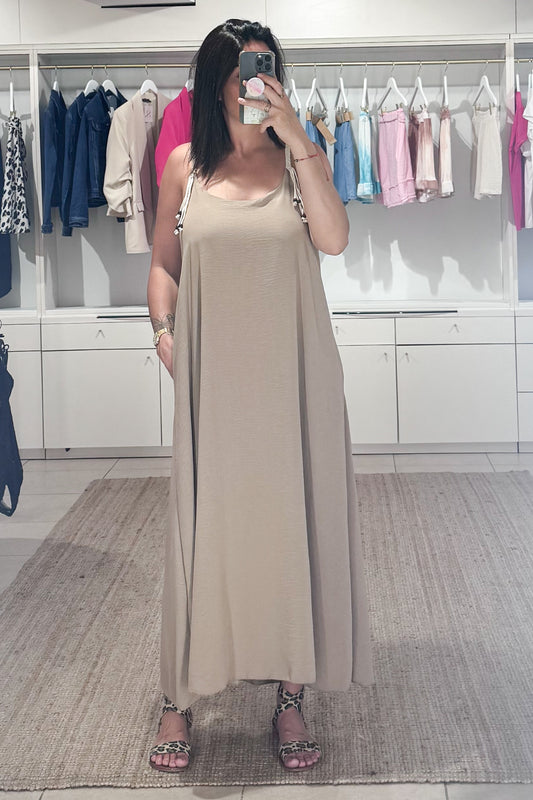 robe fluide femme, poches, coupe large, beige, look casual été SANAES 
