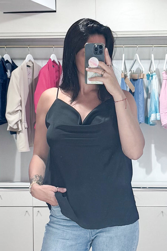 débardeur noir satiné femme, fine bretelle, fluide, look été 
