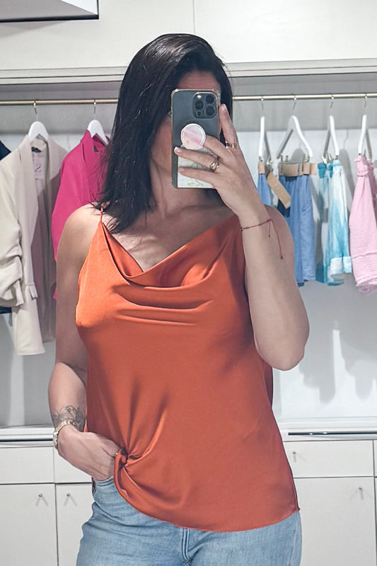 débardeur terracotta satiné femme, fine bretelle, fluide, look été 