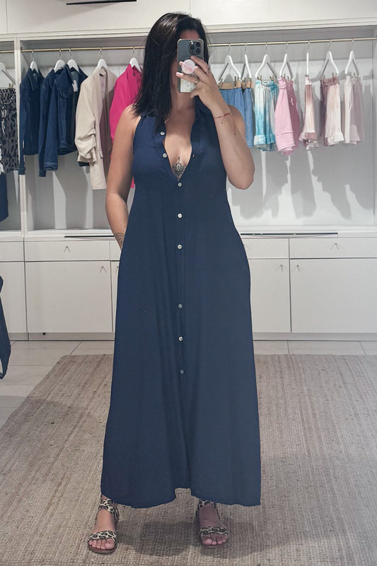 robe longue, effet chemise, dos nu, look casual, uni bleu marine 