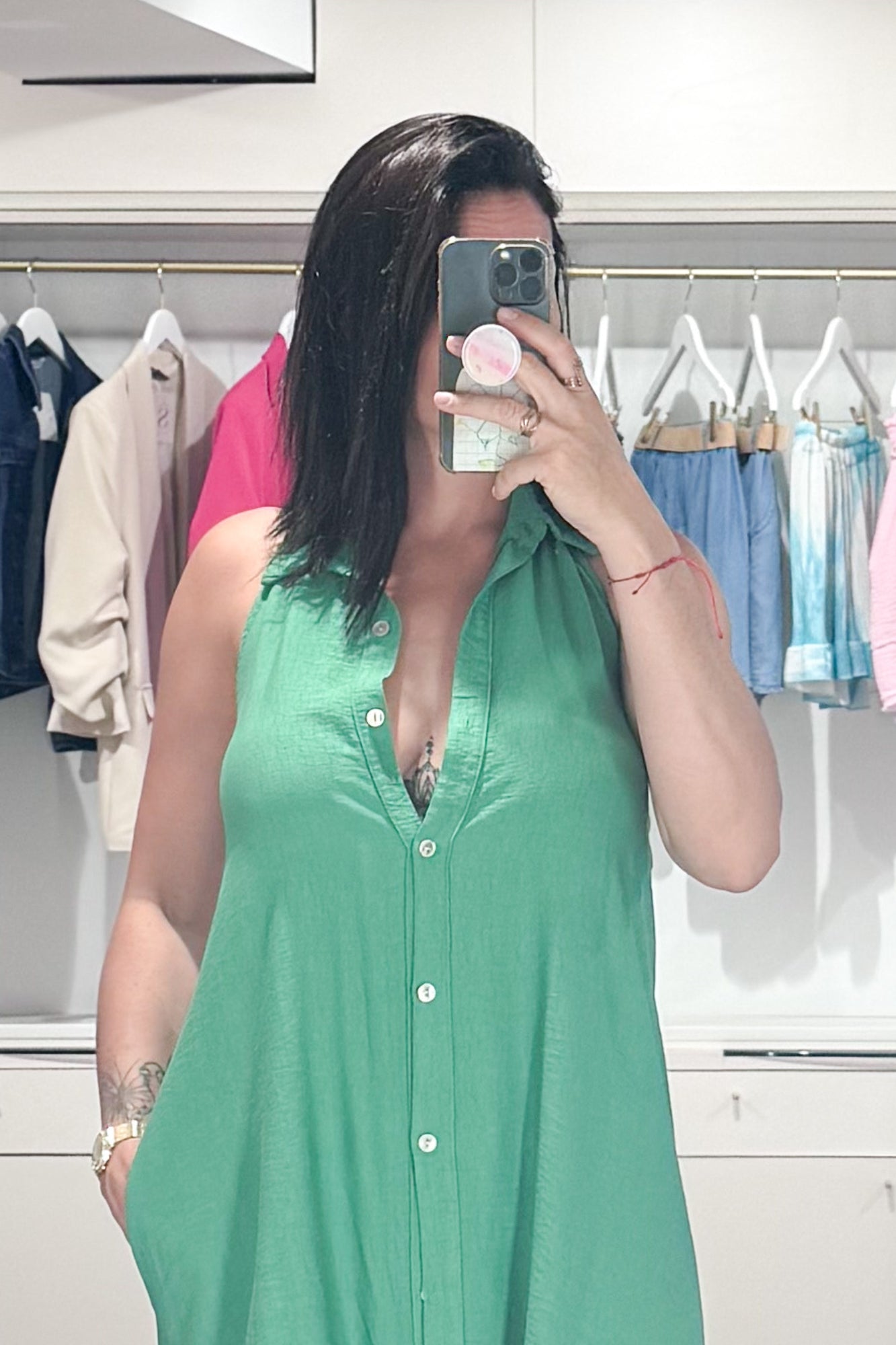 robe longue, effet chemise, dos nu, look casual, uni vert