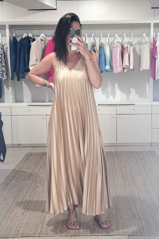 robe longue femme, fluide, plissée, fine bretelle, satinée, uni beige, look été soirée, SANAES 
