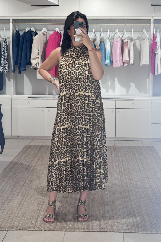 robe léopard, col montant, fluide, plissée, look été , SANAES