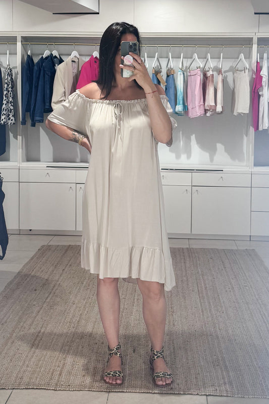 robe mi-longue femme, col bardot, manches courtes, fluide, look été uni beige