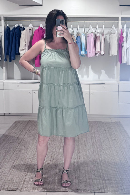 robe mi-longue fluide femme, fine bretelle, doublure, uni kaki, look été SANAES