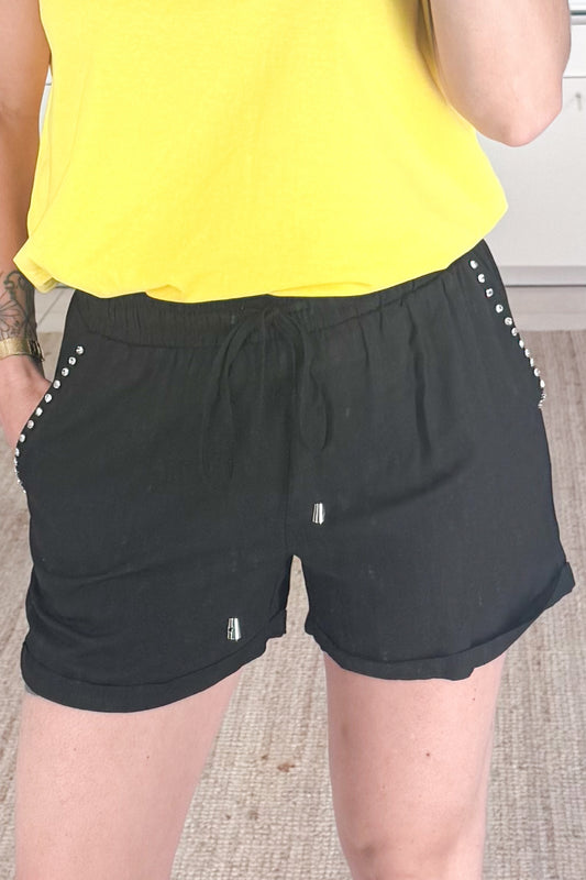 short noir taille haute strass 2 poches