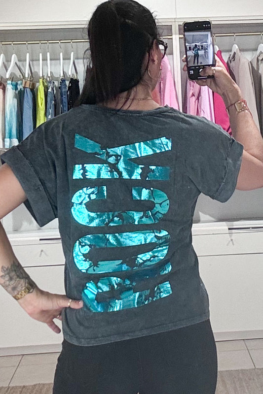 tee-shirt rocky vibes femme gris vintage coupe oversize inscription turquoise effet python grand format au dos 
