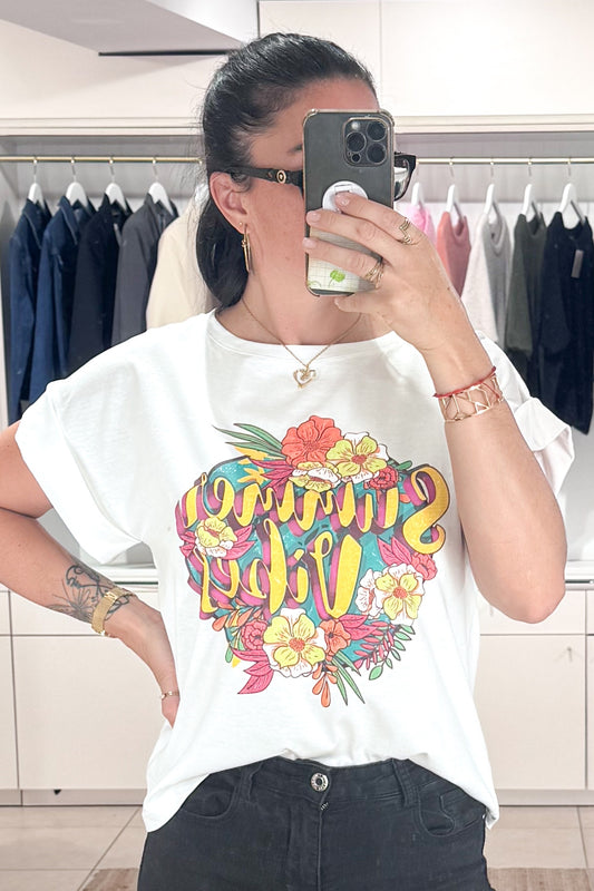tee-shirt summer vibes femme blanc coupe oversize imprimé floral coloré et typographie rétro