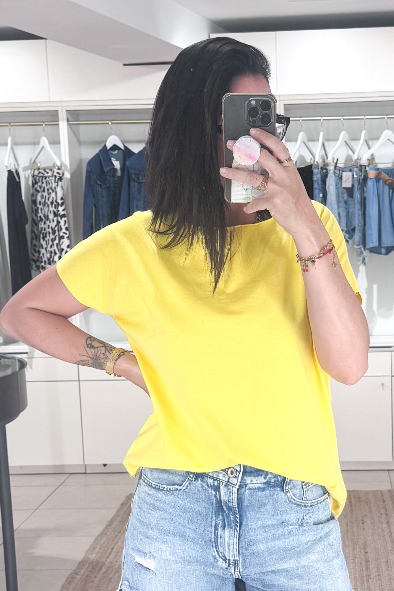 Tee shirt femme été manches courtes uni jaune col rond