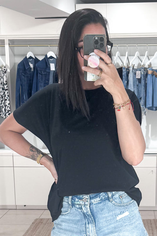 Tee shirt femme été manches courtes uni noir col rond